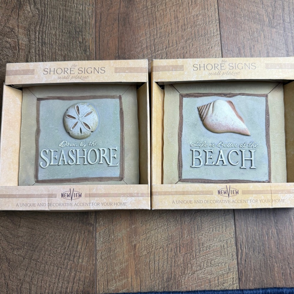 New View Shore Signs Wall Plaque Set 2pc Stoneware Coastal Beach Decor Sage Sand